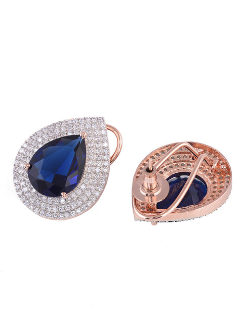 Women Blue & White Rose GoldPlated Teardrop Shaped Studs Earrings