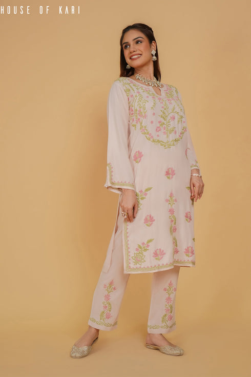 Chikankari Kurta Set In Rayon - Beige