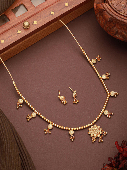 Gold Plated Gold Beads Delicate Temple Goddess Lakshmi Pendant Minimal Jewellery Set