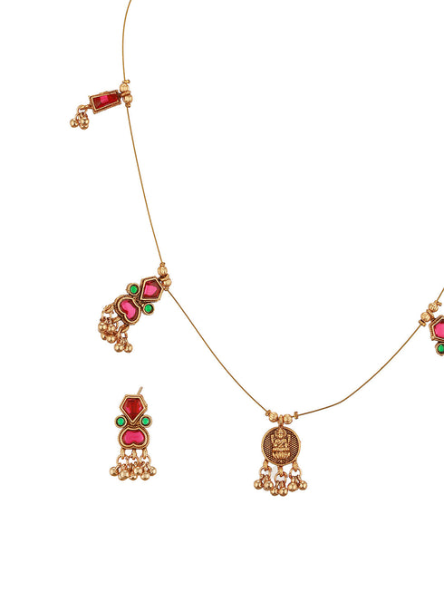 Gold Plated Enamelled Invisible Chain Delicate Temple Goddess Lakshmi Pendant Minimal Jewellery Set