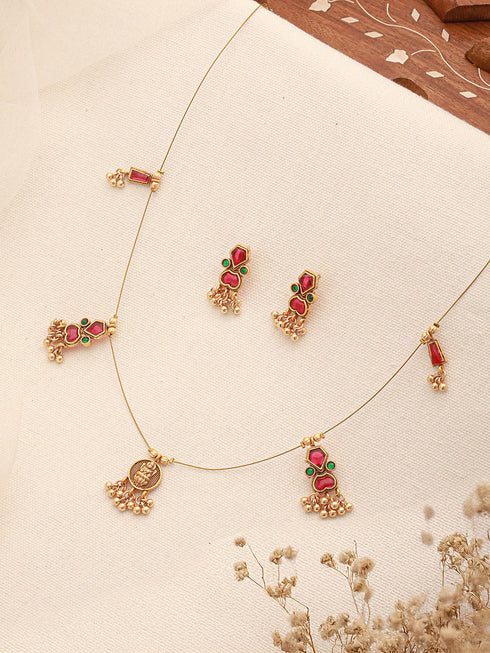 Gold Plated Enamelled Invisible Chain Delicate Temple Goddess Lakshmi Pendant Minimal Jewellery Set