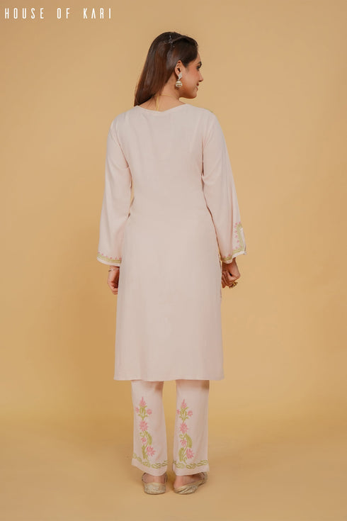 Aarti in Chikankari Kurta Set In Rayon - Beige