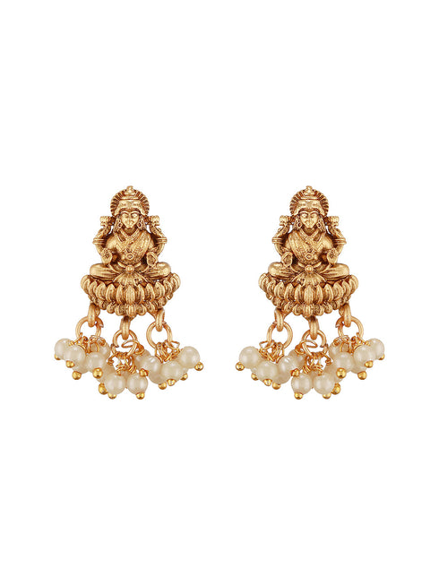 Gold Plated Pearl Beaded Invisible Chain Temple Goddess Lakshmi Motif Pendant Jewellery Set