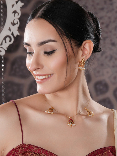 Gold Plated Pearl Beaded Invisible Chain Temple Goddess Lakshmi Motif Pendant Jewellery Set