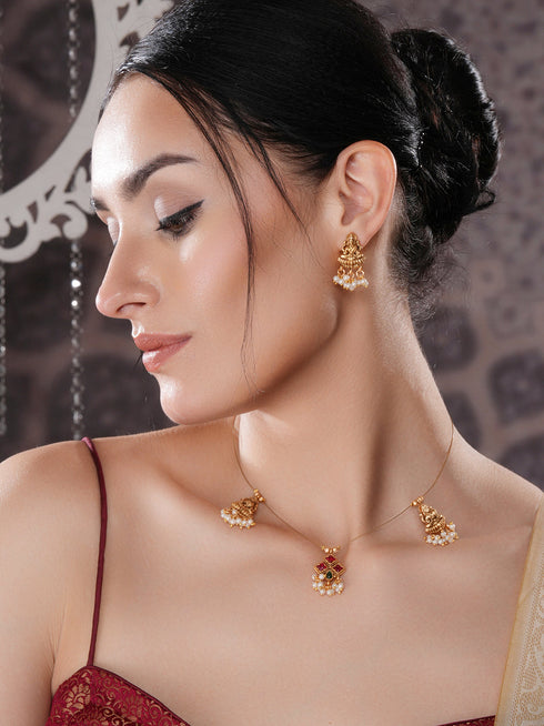 Gold Plated Pearl Beaded Invisible Chain Temple Goddess Lakshmi Motif Pendant Jewellery Set