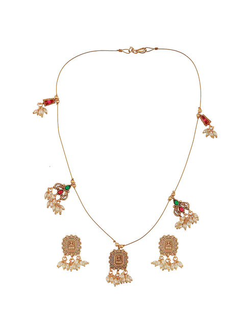 Gold Plated Pearl Beaded Invisible Chain Temple Lakshmi Motif Pendant Jewellery Set