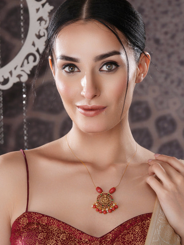 Gold Plated Coral Beaded Temple Lakshmiji Minimal Invisible Necklace & Chain