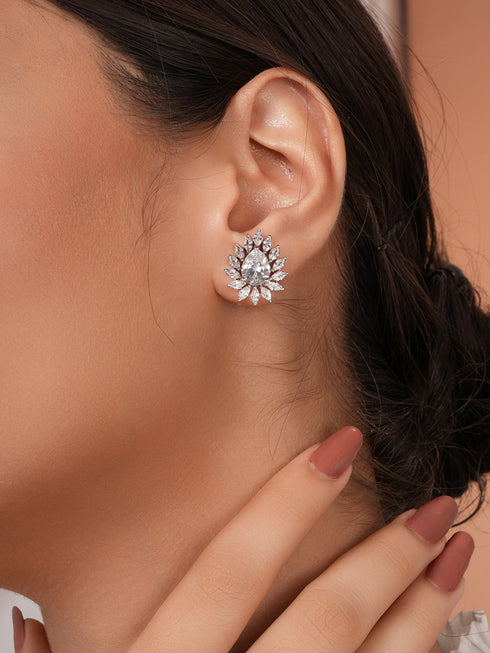 925 Sterling Silver Rhodium Plated Drop Shaped Solitaire Earrings