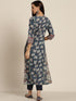 Women Navy Blue Pure Cotton Floral Print Straight Kurta