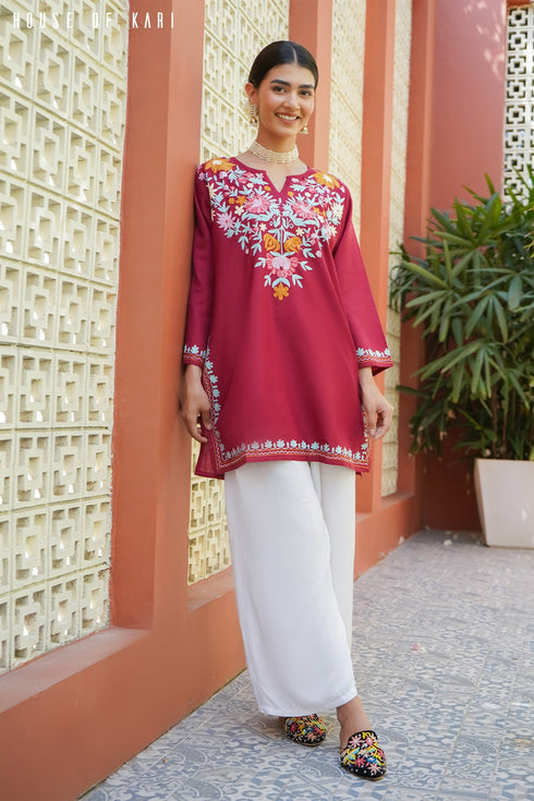 Kashmiri Aari Work Cotton Short Kurta – Maroon