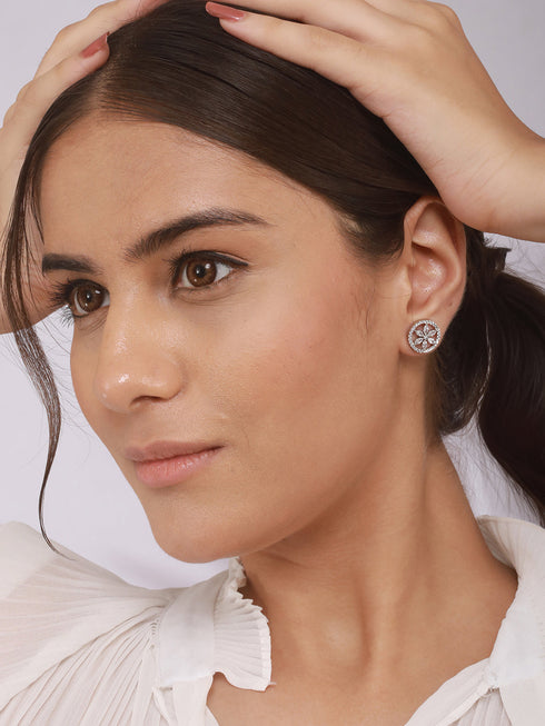 925 Sterling Silver Rhodium Plated Cubic Zirconia Floral Studds Earrings