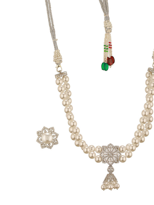 White Rhodium Cubic Zirconia 2 Layered Pearl Beaded Statement Necklace Jewellery Set