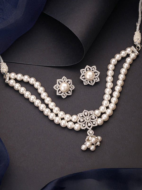 White Rhodium Cubic Zirconia 2 Layered Pearl Beaded Statement Necklace Jewellery Set