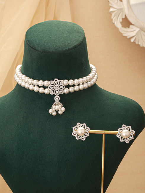 White Rhodium Cubic Zirconia 2 Layered Pearl Beaded Statement Necklace Jewellery Set