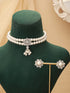 White Rhodium Cubic Zirconia 2 Layered Pearl Beaded Statement Necklace Jewellery Set