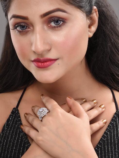 Silver Plated White AD Studded Cluster Finger Ring