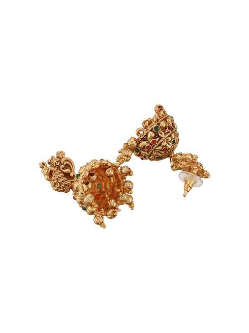 Antique Gold Plated Red & Green Kempo Temple Floral Peacock Long Haram Jhumka Jewellery Set
