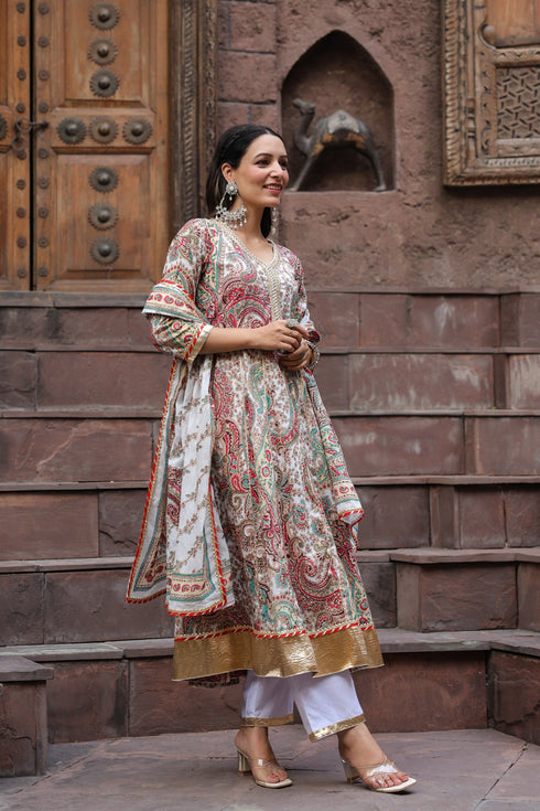 Paisley Printed Gota Patti Pure Cotton Kurta with Trousers & Dupatta