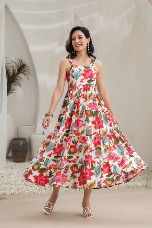 Floral Printed Pure Cotton Fit & Flare Midi Ethnic Dresses
