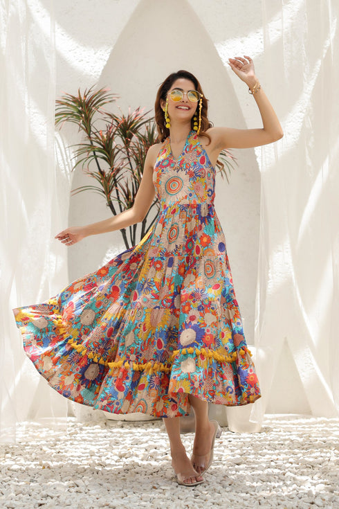 Floral Printed Pure Cotton Fit & Flare Ethnic Dress