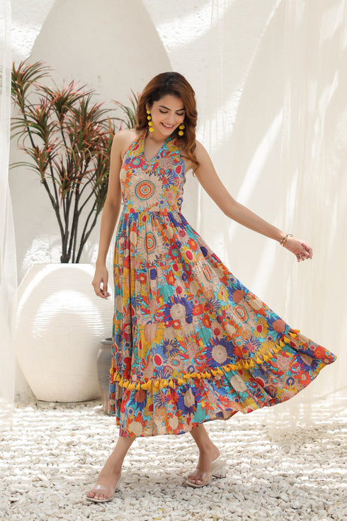 Floral Printed Pure Cotton Fit & Flare Ethnic Dress