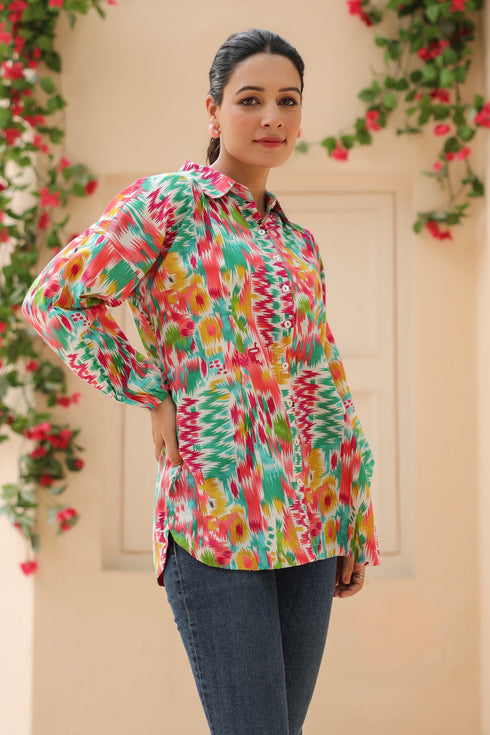 Women Abstract Printed Shirt Collar Pure Cotton Top