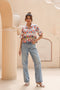 Geometric Print Roll-Up Sleeves Cotton Shirt Style Top