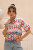 Geometric Print Roll-Up Sleeves Cotton Shirt Style Top