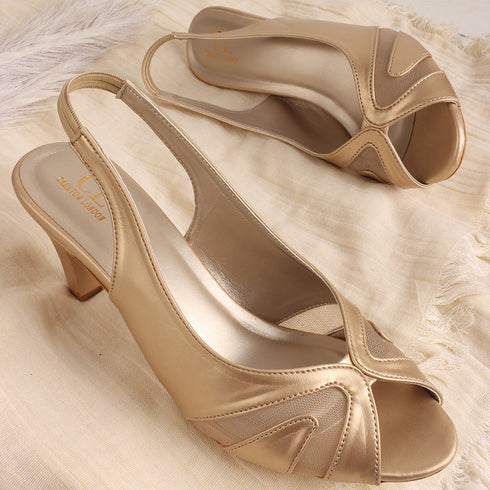 Women's Slingback Peep Toe Kitten Heel Sandal with Mesh Detail
