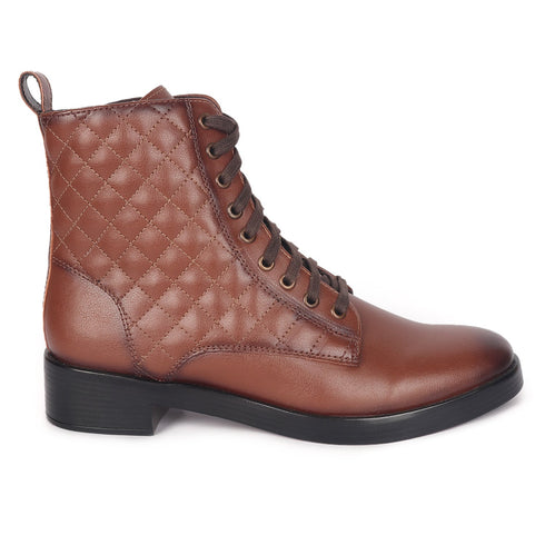 Women's Chic Quilted Ankle Combat Boot with Lace-Up Closure