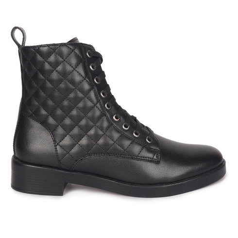 Women's Chic Quilted Ankle Combat Boot with Lace-Up Closure