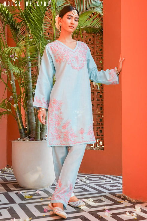 Kashmiri Aari Work Cotton Kurta Set - Sky Blue