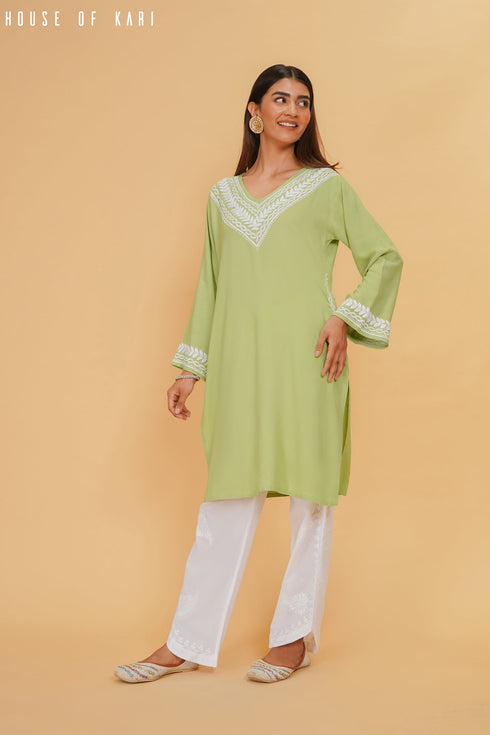 Tarini in Rayon Chikankari Medium Kurta In Pista Green