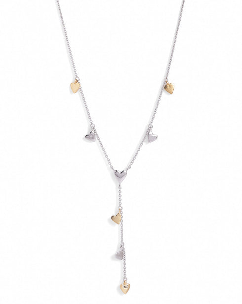 Rhodium & 18kt Gold Plated Dangling Heart Charm Y-Necklace Lariat