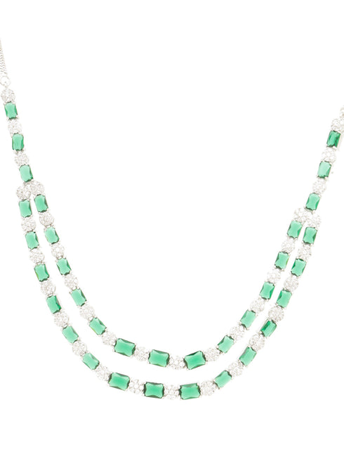 White Silver Plated Green AD Double layer Statement Jewellery Set