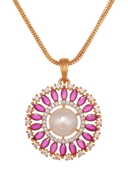 Women Pink & White Gold Plated AD & Pearl Studded Jewellery Set