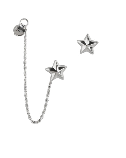 925 Sterling Silver Rhodium Plated Star Stud with Chain Mismatch Earring