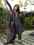 Women Navy Blue Ethnic Printed Cotton Embroidered Straight Kurta With Printed Trousers and Printed Dupatta