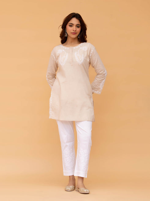 Saba Chikankari Short kurta in Slub cotton - Beige
