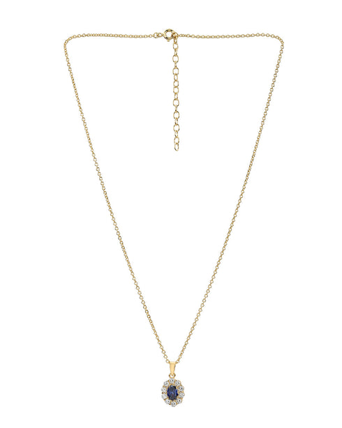 Premium 18kt Gold Plated Blue Sapphire CZ Halo Pendant with Chain