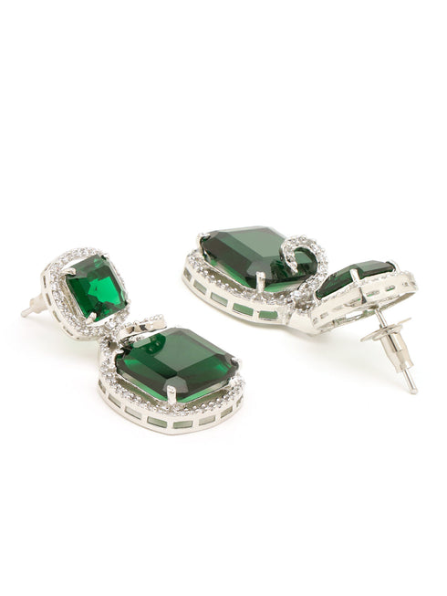 Silver Toned Royal Green AD Studded Statement Earrings for Women & Girls