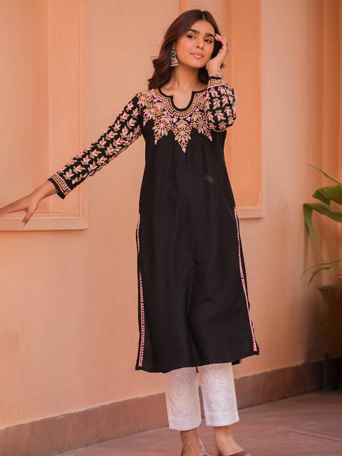 Komal x HOK Saba Chikankari Long Kurta in Rayon Cotton - Black