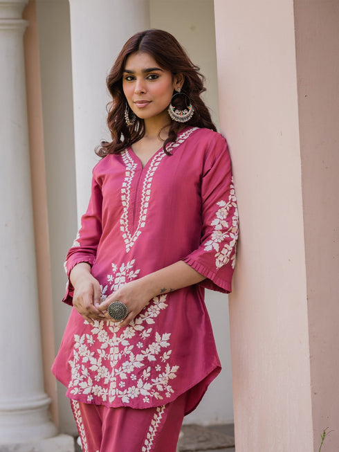 Noor in Saba Chikankari Kurta Set in Habutai Silk - Pink