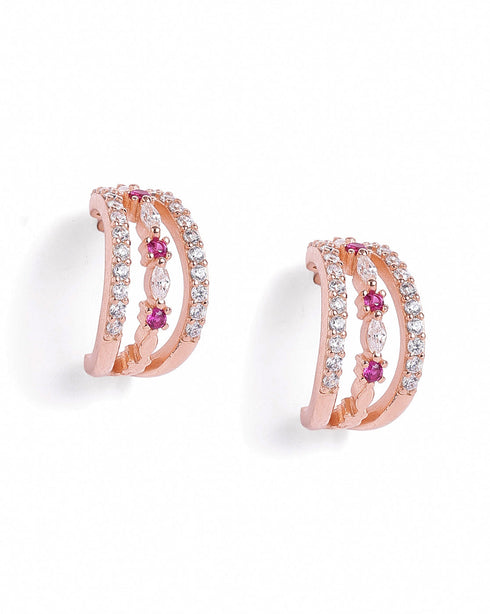 18kt Rose Gold Plated Ruby Studded Triple Band Layered Half Hoop Earring