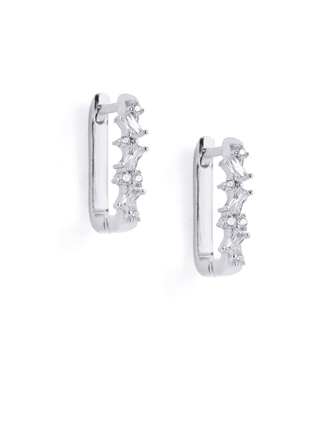 Rhodium Plated Studded Square Hoop Earring with Baguette CZ