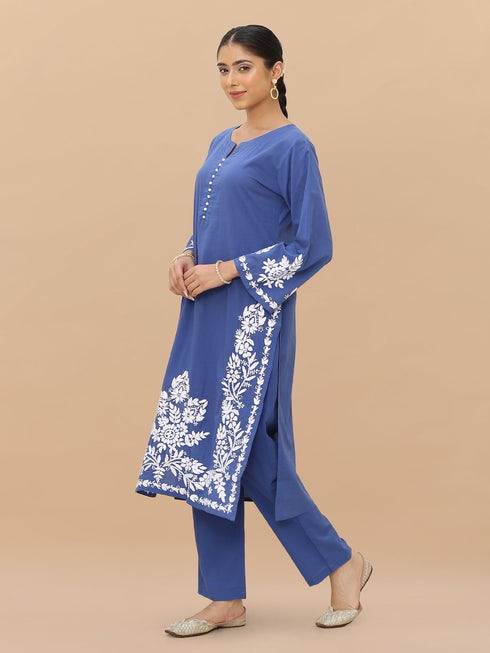 Saba Chikankari Kurta Set in Cambric Cotton - Blue
