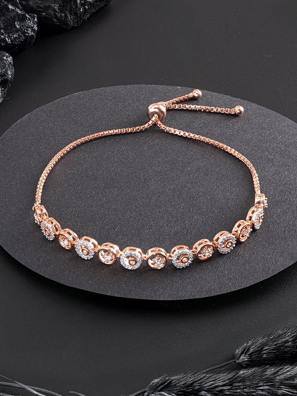 Rose Gold Toned Zircon Embellished Circular Link Adjustable Pull Chain Slider Bracelet