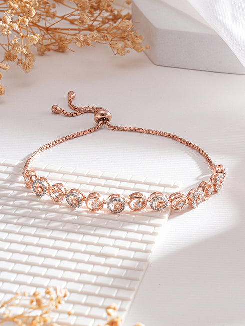 Rose Gold Toned Zircon Embellished Circular Link Adjustable Pull Chain Slider Bracelet