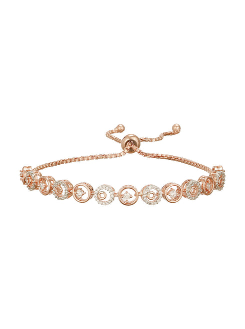 Rose Gold Toned Zircon Embellished Circular Link Adjustable Pull Chain Slider Bracelet