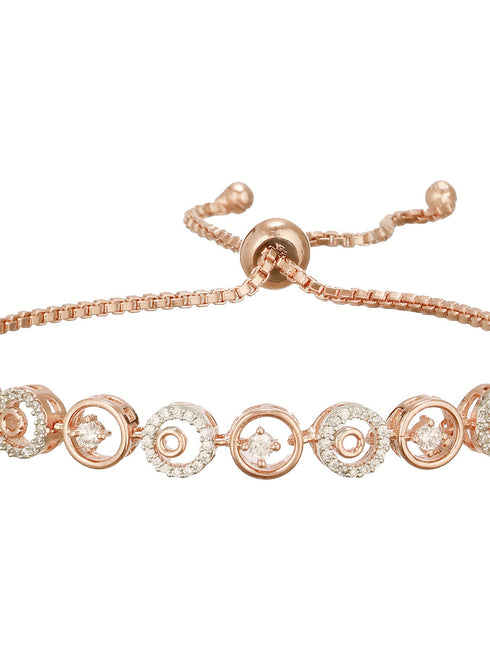 Rose Gold Toned Zircon Embellished Circular Link Adjustable Pull Chain Slider Bracelet